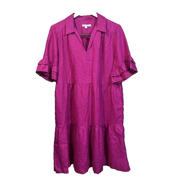 Chico's 100% Linen Tiered Midi Dress Pink Sz 12 Ruffles Office Church Cottage - Picture 1 of 10